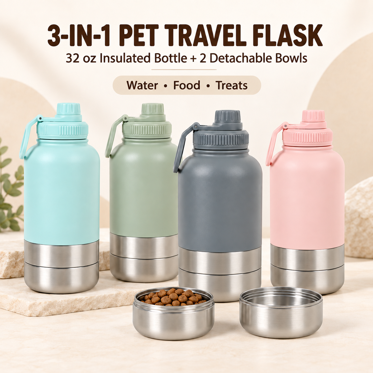 3-in-1 Pet Travel Flask with 2 Detachable Bowls – 32 oz