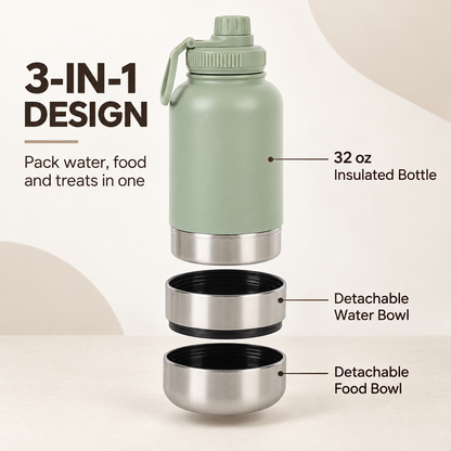 3-in-1 Pet Travel Flask with 2 Detachable Bowls – 32 oz