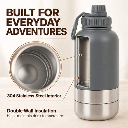 3-in-1 Pet Travel Flask with 2 Detachable Bowls – 32 oz
