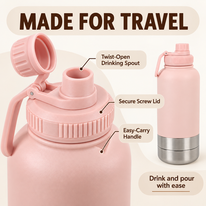 3-in-1 Pet Travel Flask with 2 Detachable Bowls – 32 oz