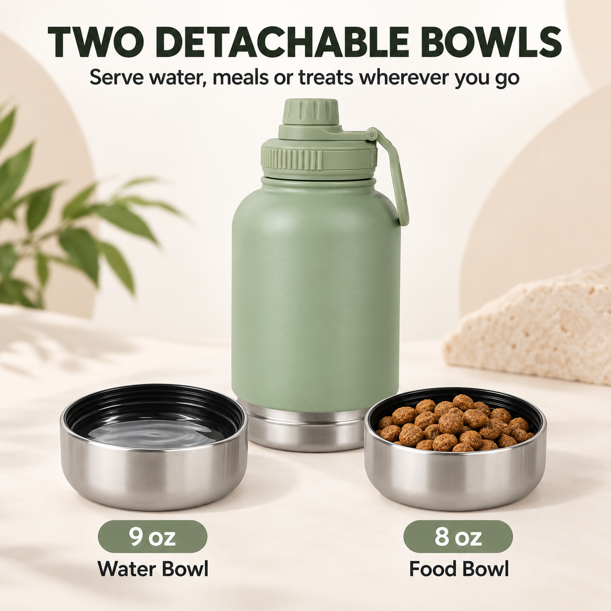 3-in-1 Pet Travel Flask with 2 Detachable Bowls – 32 oz