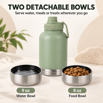 3-in-1 Pet Travel Flask with 2 Detachable Bowls – 32 oz