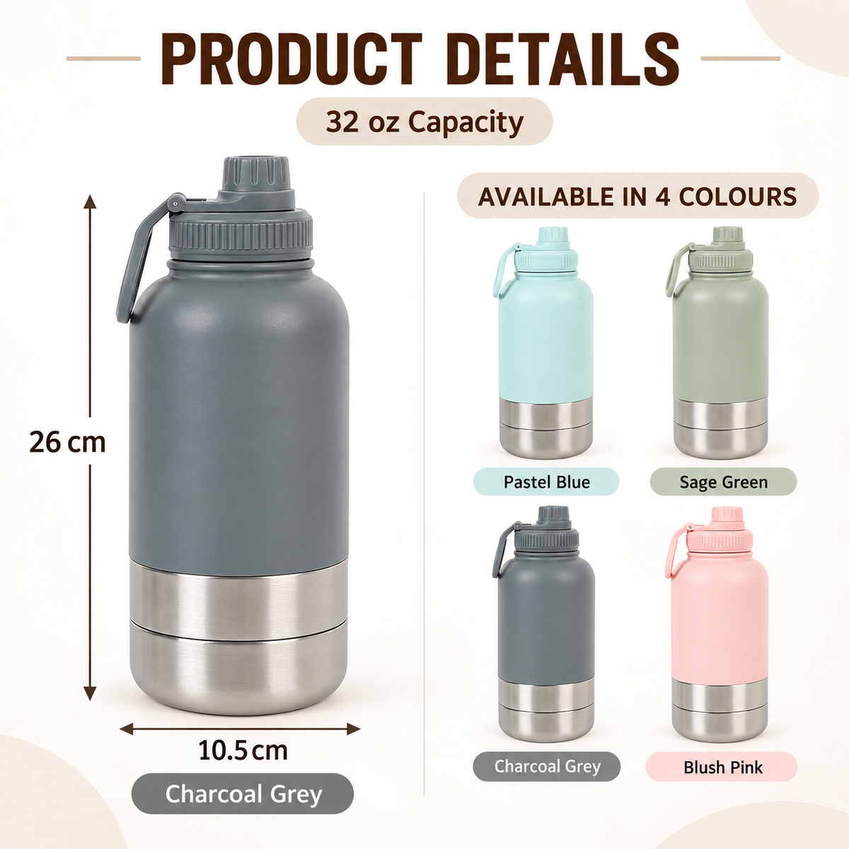 3-in-1 Pet Travel Flask with 2 Detachable Bowls – 32 oz
