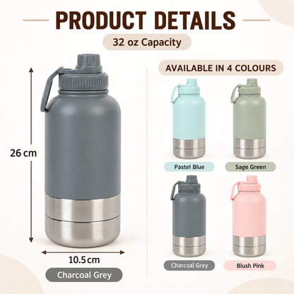 3-in-1 Pet Travel Flask with 2 Detachable Bowls – 32 oz