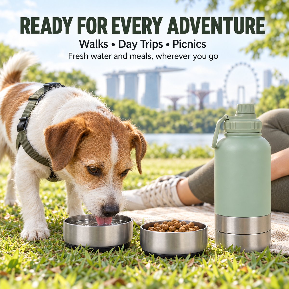 3-in-1 Pet Travel Flask with 2 Detachable Bowls – 32 oz