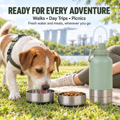 3-in-1 Pet Travel Flask with 2 Detachable Bowls – 32 oz